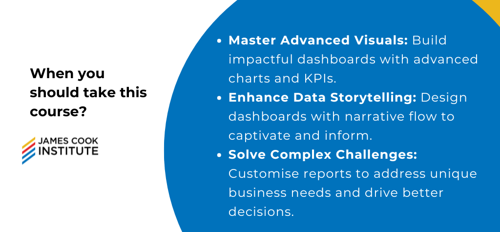 Advance your data visualisation with Power BI by mastering complex visuals, telling a compelling data story through narrative dashboards, and customising reports with unique visuals from the Power BI Marketplace for impactful insights.