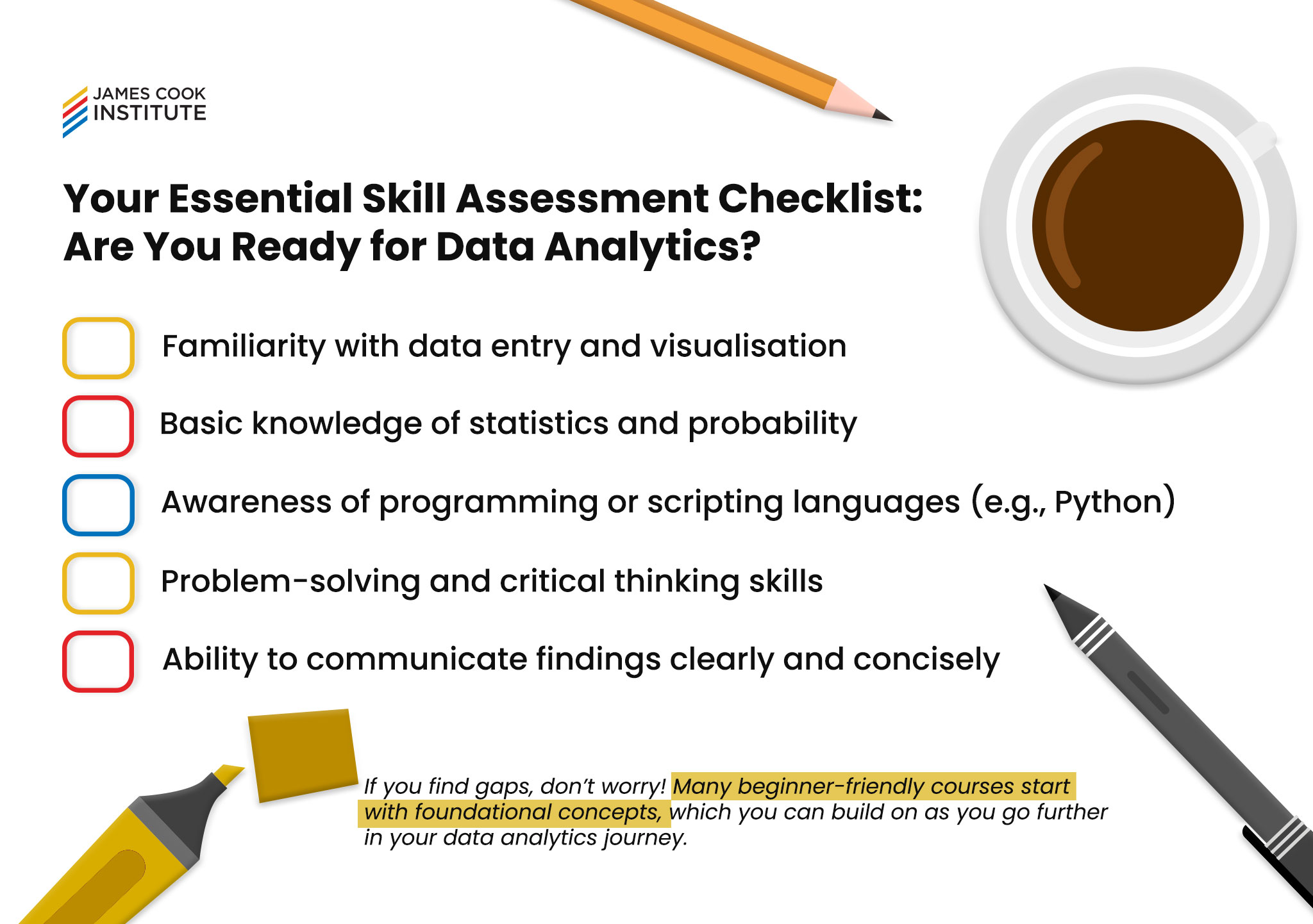 JCI's Data Analytics Skill Assessment Checklist, featuring data entry and visualization, basic statistics and probability, Python programming knowledge, problem-solving skills, and clear communication, as part of data analytics training in Singapore.